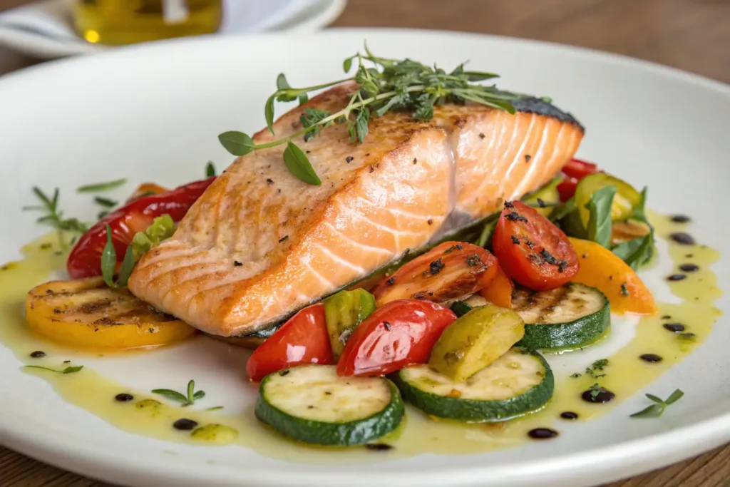 Italian salmon dish garnished with fresh herbs and lemon sauce.