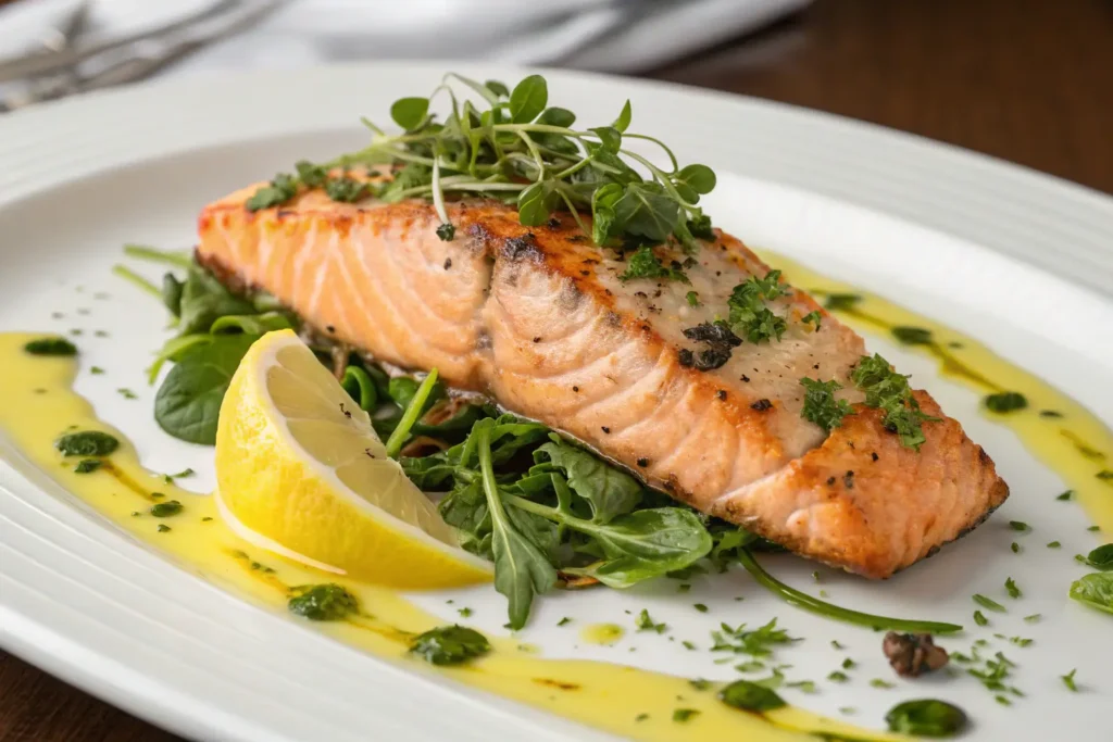 Grilled Italian salmon served on fresh greens with lemon wedges and garnished with herbs and olive oil.