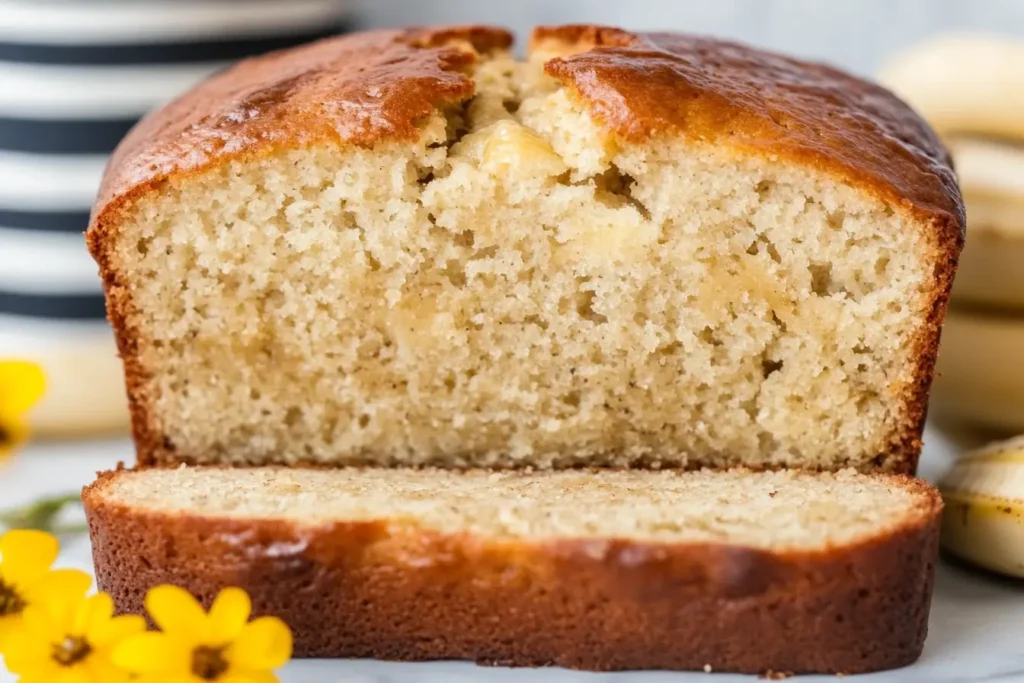 A close-up of banana bread sliced to show its moist, fluffy texture, baked without baking soda, with yellow flowers and bananas in the background.
