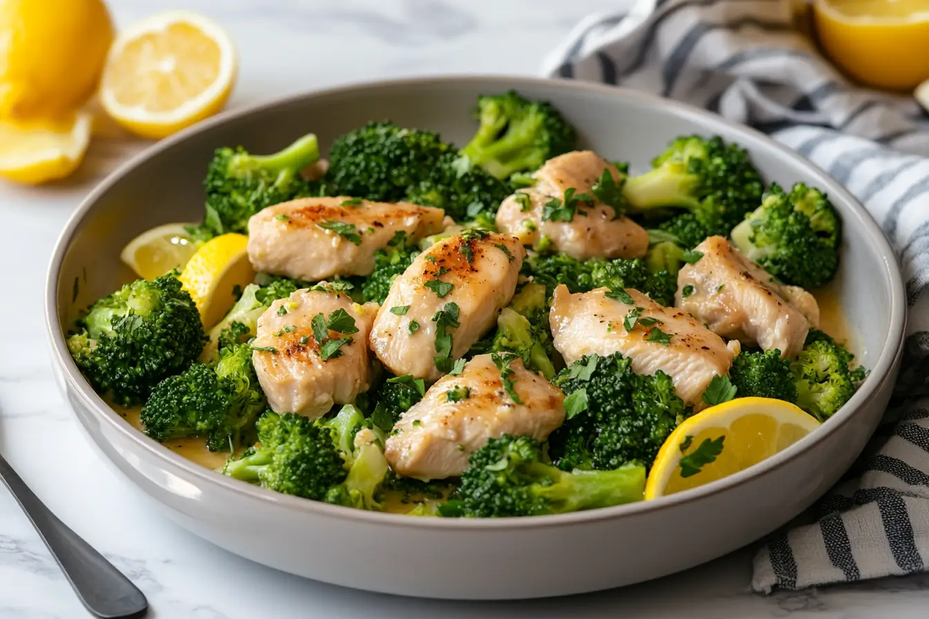 A healthy chicken and broccoli dish with grilled chicken breast pieces served over steamed broccoli, garnished with fresh parsley and lemon slices for added flavor.