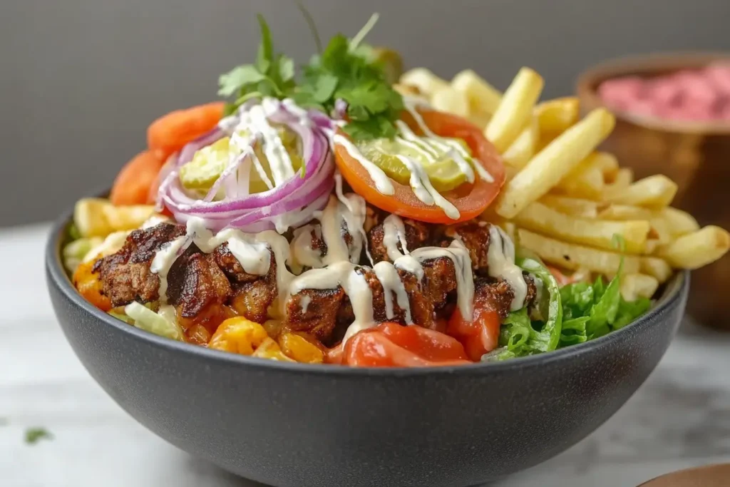 colorful burger bowl with a perfectly grilled patty, fresh greens, and vibrant toppings – a delicious burger bowl recipe.