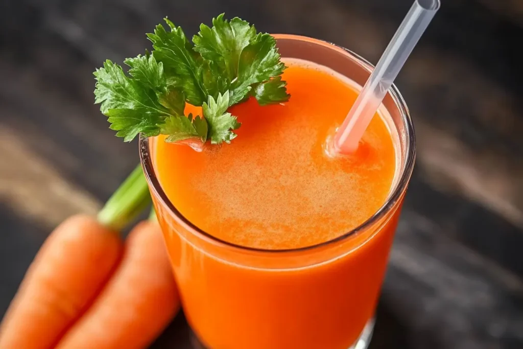 Close-up of a glass of carrot juice garnished with fresh cilantro, with whole carrots in the background.