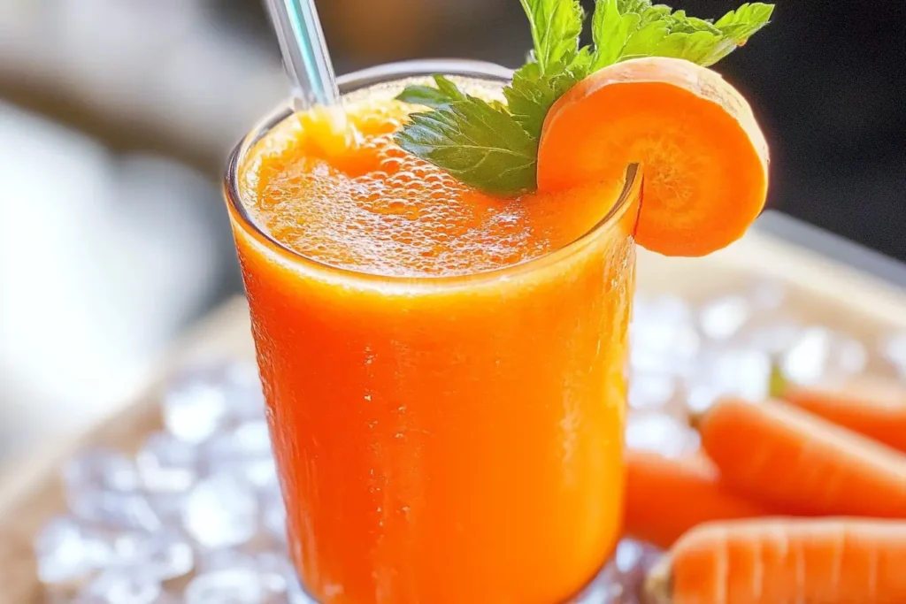 A glass of fresh carrot juice garnished with a sprig of cilantro, with carrots in the background.