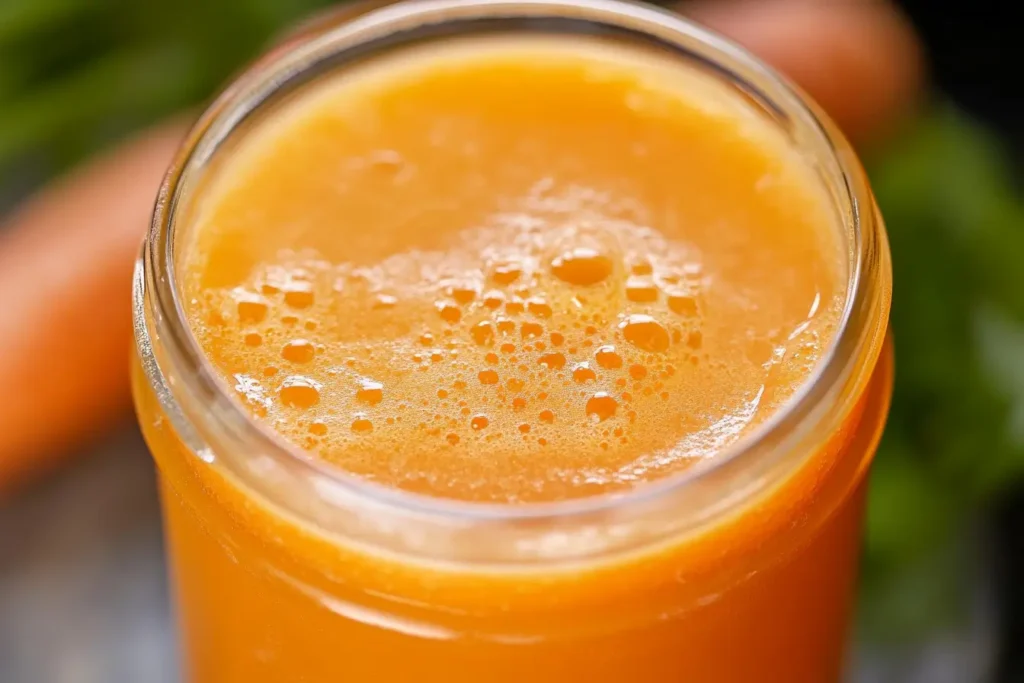 Freshly made carrot juice recipe in a glass.