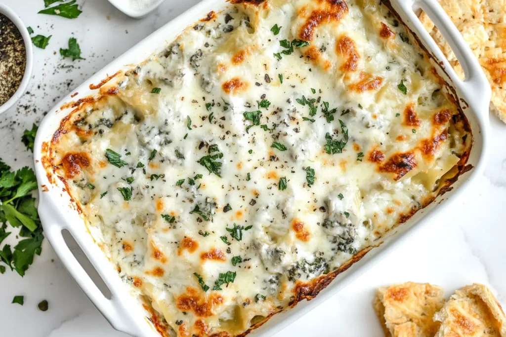 Golden and bubbly Chicken Alfredo Lasagna topped with fresh parsley and pepper, served with a side of garlic bread.