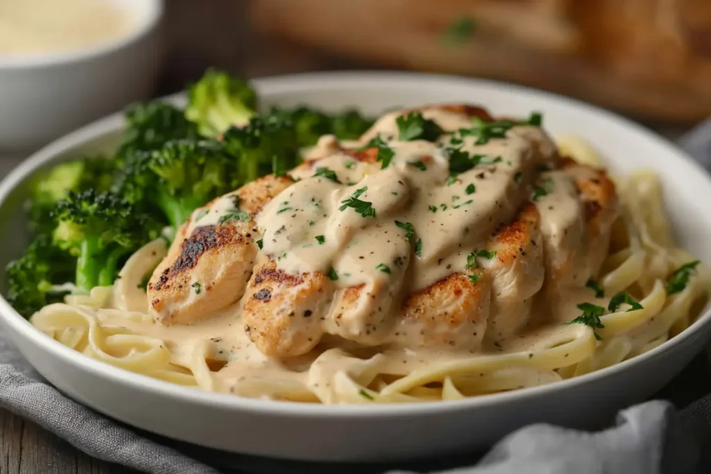 Grilled chicken breast served with broccoli, Alfredo pasta, and creamy garlic Alfredo sauce, garnished with parsley.