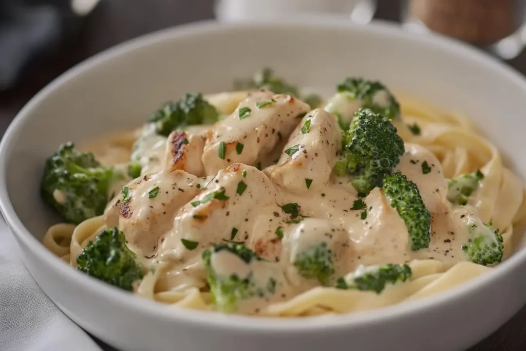 Grilled chicken breast pieces over fettuccine pasta with broccoli and creamy Alfredo sauce, garnished with parsley.
