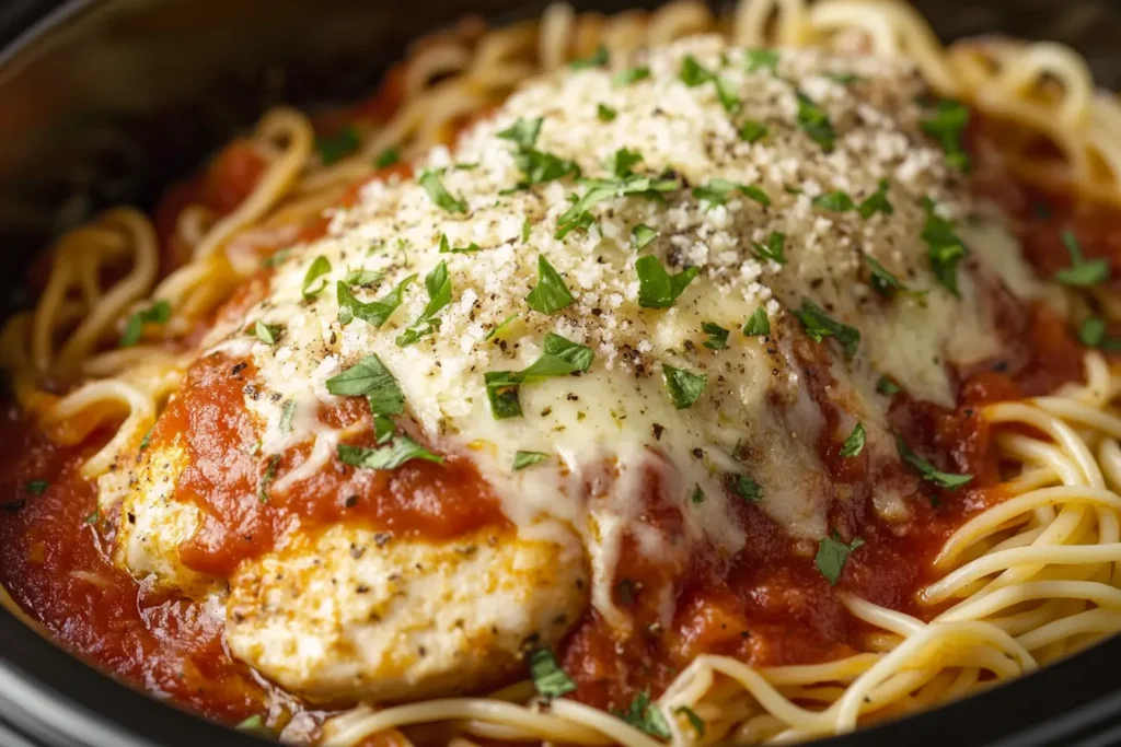 Chicken parmesan crock pot recipe with marinara, mozzarella, and basil over spaghetti.