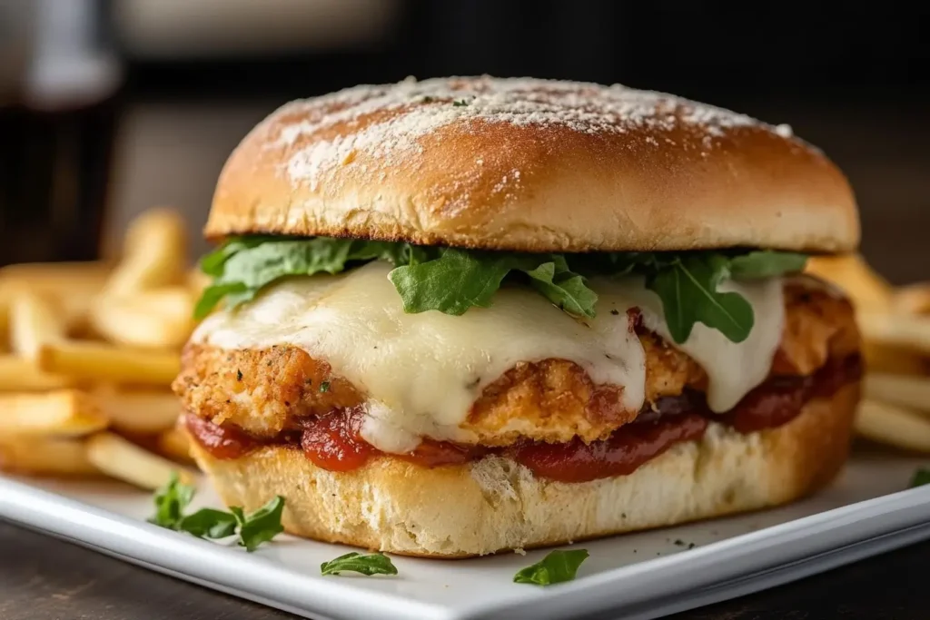 Chicken parmesan sandwich with crispy breaded chicken, rich marinara sauce, melted mozzarella, and fresh basil on a toasted sesame seed roll.