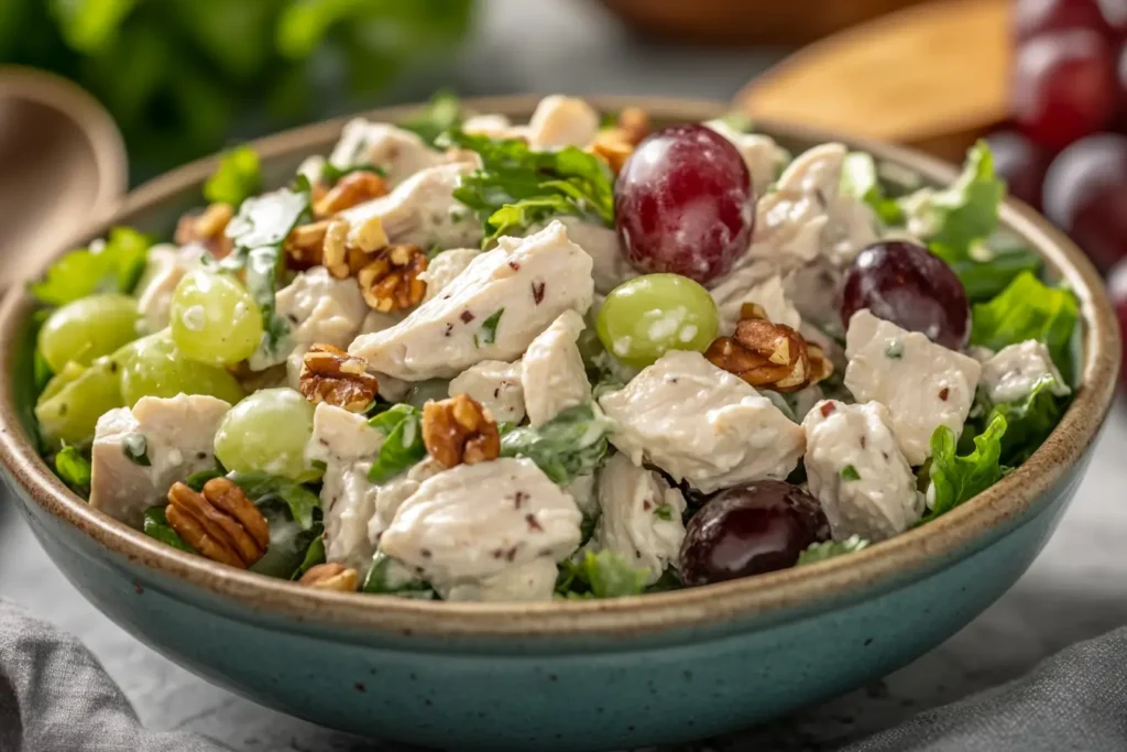 Close-up of a refreshing chicken salad with grapes, pecans, and lettuce in a bowl.