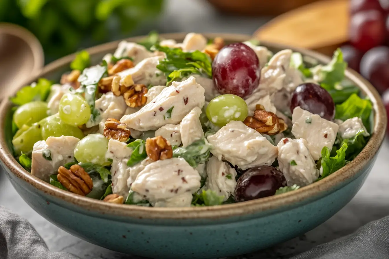 Close-up of a refreshing chicken salad with grapes, pecans, and lettuce in a bowl.