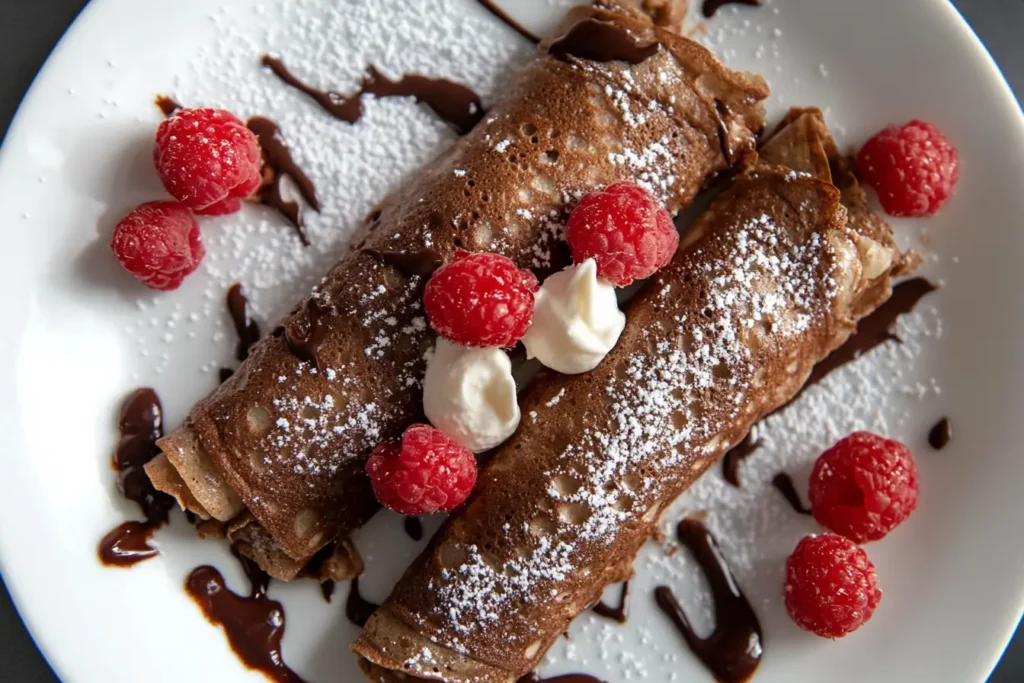 Chocolate crepes topped with whipped cream, fresh raspberries, and powdered sugar, drizzled with chocolate syrup.