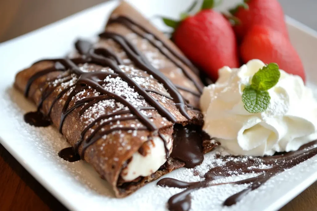 Chocolate crepes filled with cream, drizzled with chocolate syrup, powdered sugar, and garnished with fresh strawberries and whipped cream.