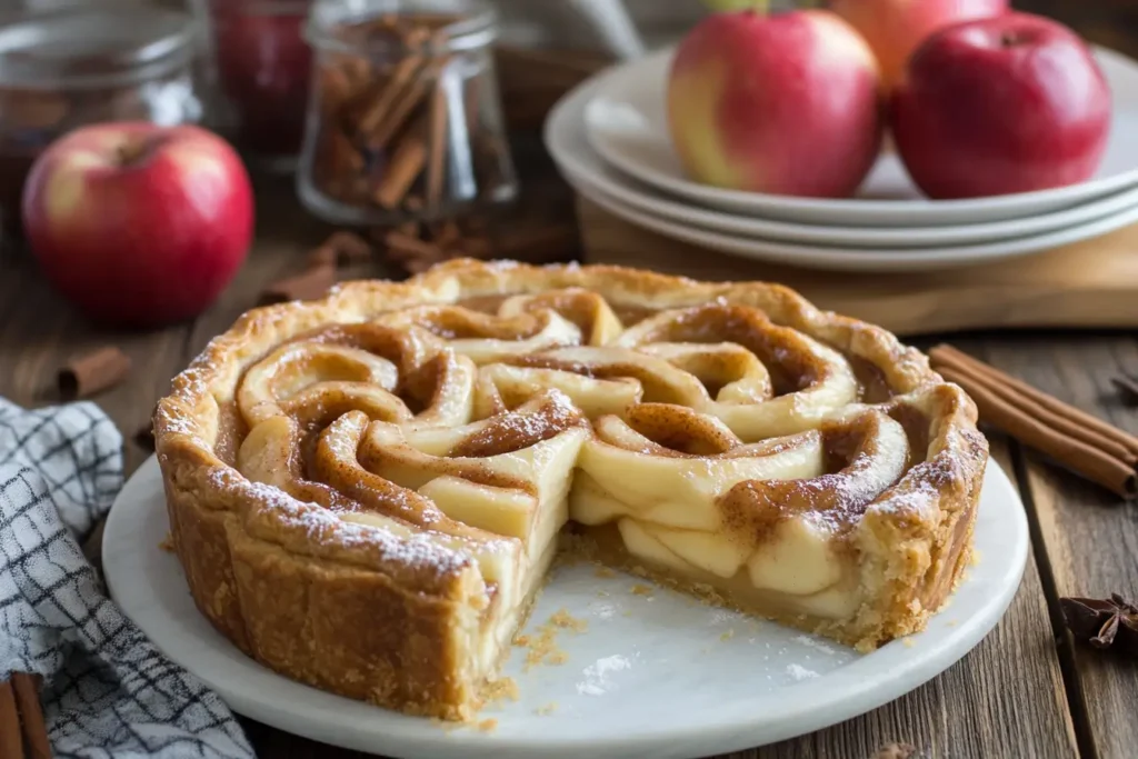 Close-up of a freshly baked Cinnamon Roll Apple Pie with cinnamon rolls on top and a golden crust, surrounded by cinnamon sticks and apples.