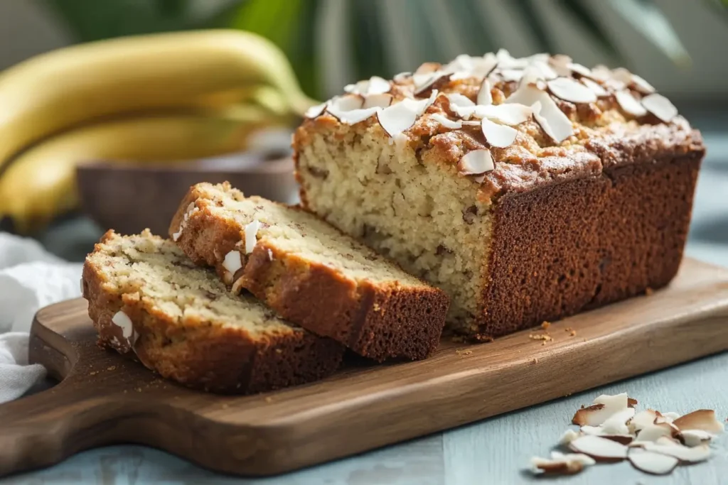 A loaf of coconut banana bread with a few slices cut, topped with coconut flakes, and a bunch of bananas in the background.