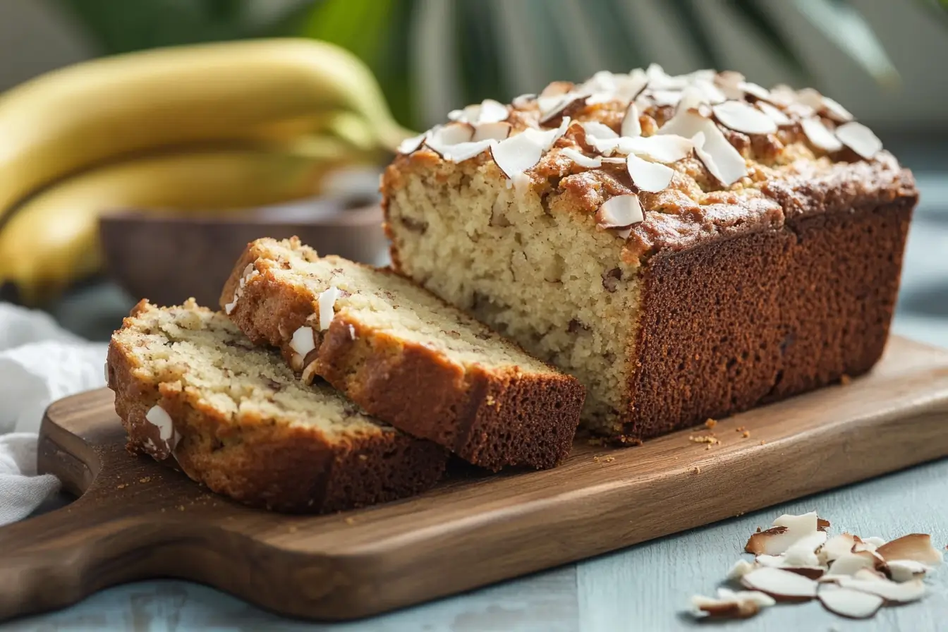 A loaf of coconut banana bread with a few slices cut, topped with coconut flakes, and a bunch of bananas in the background.