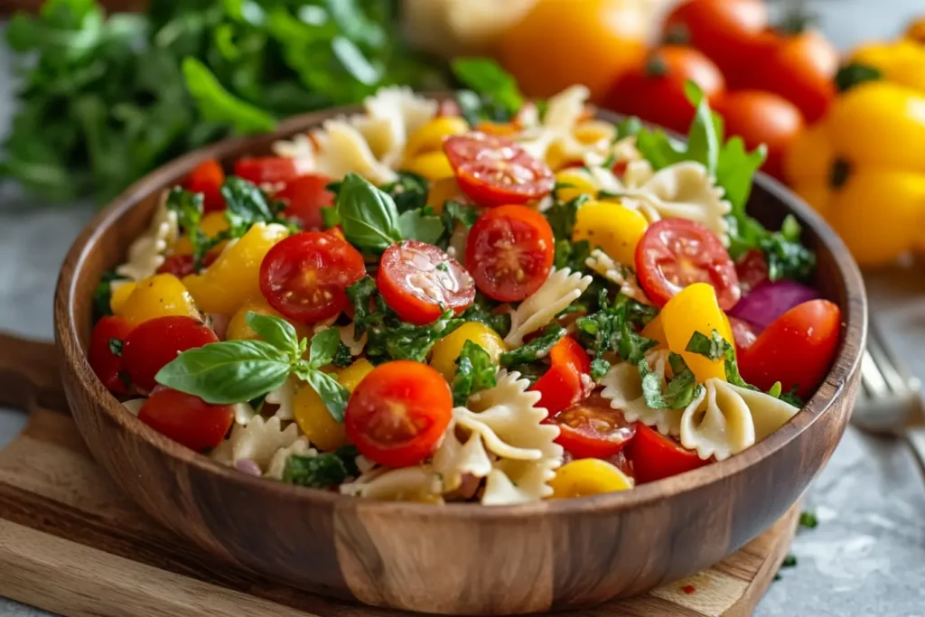 Cowboy pasta salad recipe with colorful tomatoes, fresh basil, and bowtie pasta served in a wooden bowl.