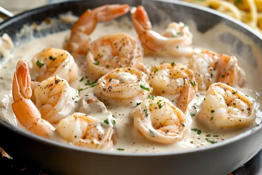Shrimp cooking in a creamy sauce in a skillet, garnished with parsley and freshly ground black pepper.