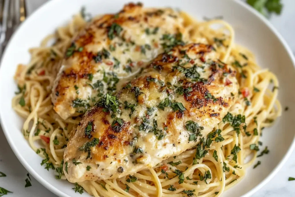 A plate of Cheesecake Factory Chicken Piccata, featuring crispy, pan-seared chicken breasts over pasta, topped with a creamy lemon butter sauce and fresh herbs.