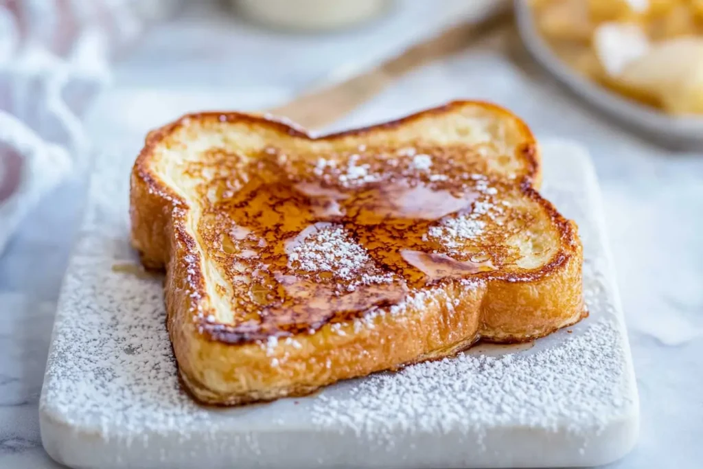 French toast drizzled with syrup and dusted with powdered sugar.