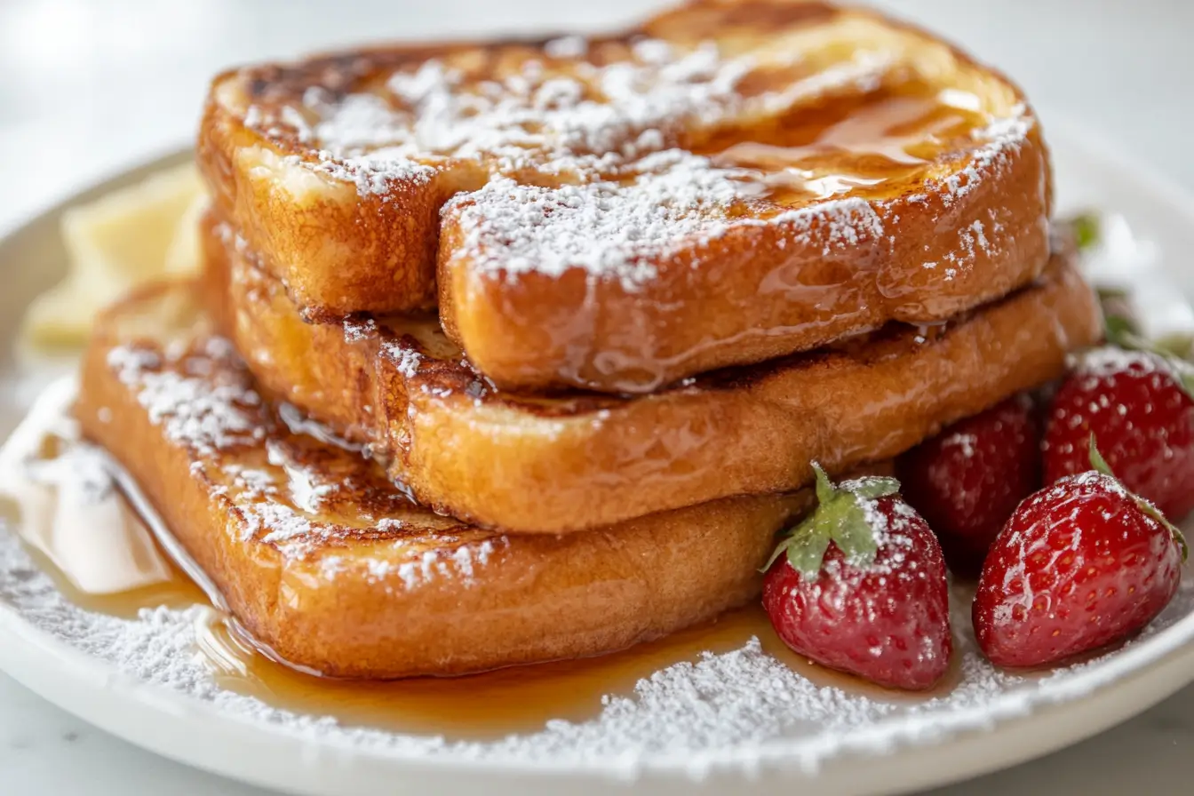 Delicious French toast topped with powdered sugar, syrup, and fresh strawberries.