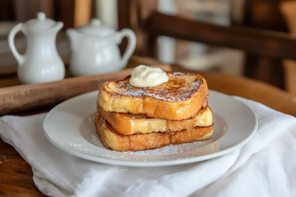 French toast stacked with powdered sugar and topped with a dollop of whipped cream.