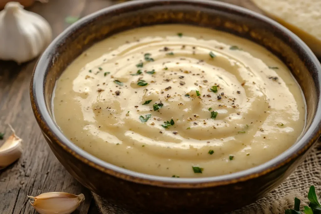 A creamy bowl of Garlic Alfredo Sauce topped with freshly cracked black pepper and thyme.