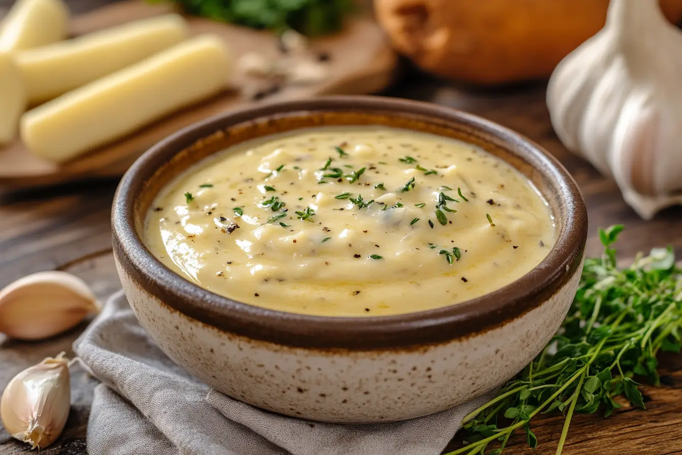 Creamy Garlic Alfredo Sauce garnished with fresh thyme and black pepper, served in a rustic bowl.