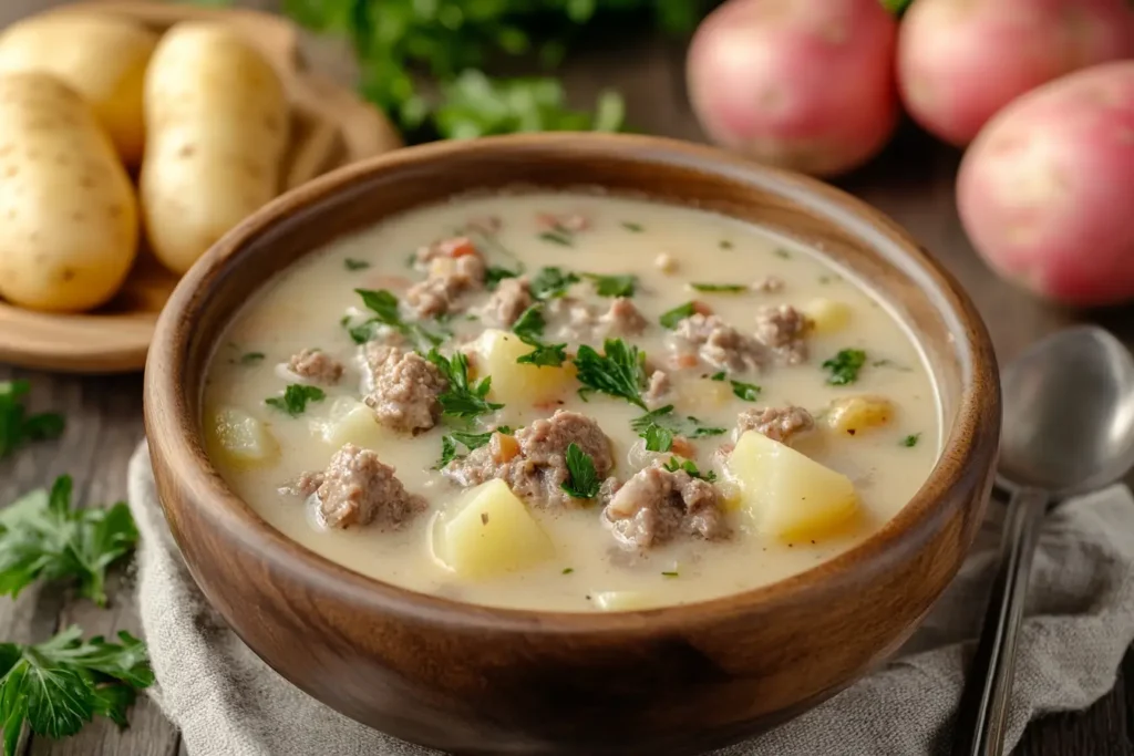 A bowl of creamy hamburger potato soup with ground beef, diced potatoes, and fresh parsley, with whole potatoes in the background.