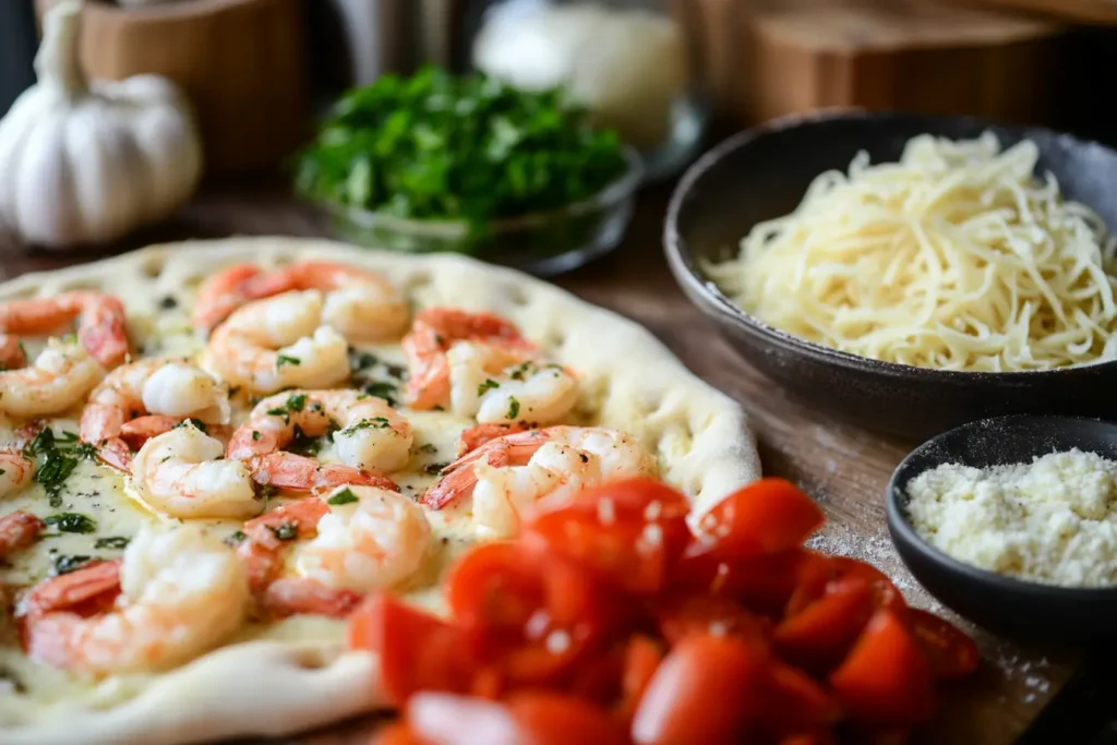 A close-up image of ingredients for shrimp scampi pizza, including fresh shrimp, chopped parsley, tomatoes, shredded mozzarella, grated Parmesan cheese, garlic cloves, and other toppings.