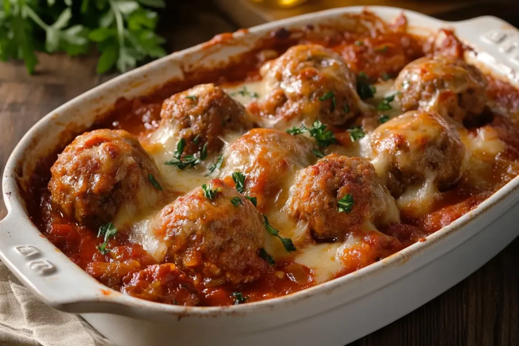 Hot meatball casserole with gooey melted cheese and garnished with herbs in marinara sauce.