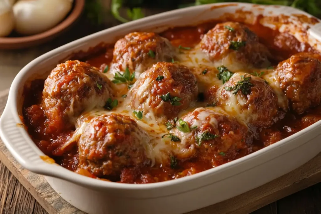 Meatball casserole with melted cheese, marinara sauce, and fresh herbs.