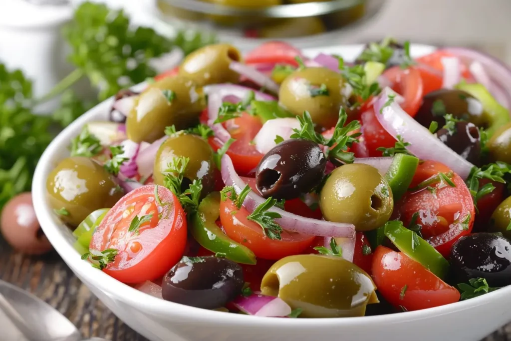 A colorful olive salad with Kalamata, green, and black olives, tomatoes, cucumbers, red onions, and fresh herbs, all drizzled with dressing.
