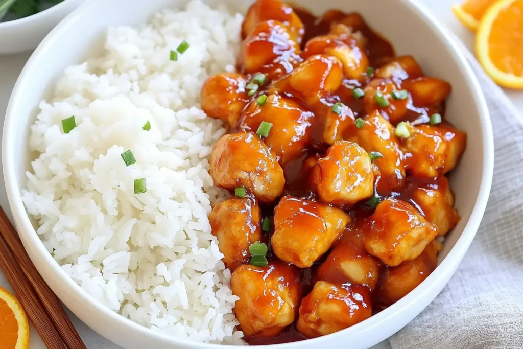 A bowl of orange marmalade chicken with white rice and garnished with green onions.