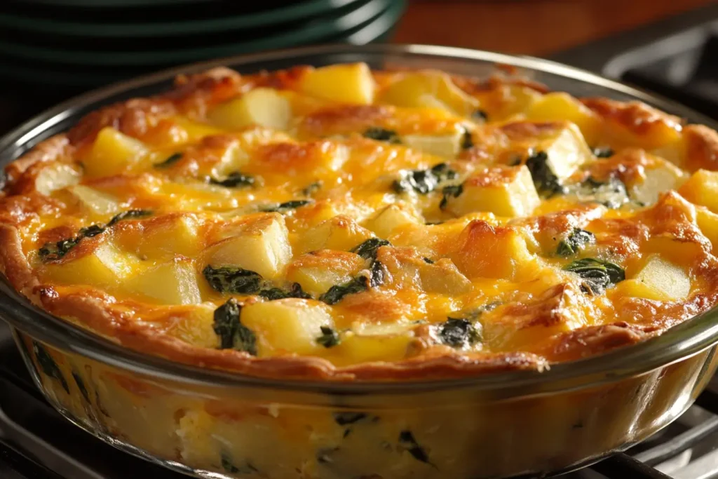 Delicious quiche potato recipe with golden-baked potatoes, spinach, and melted cheddar cheese.