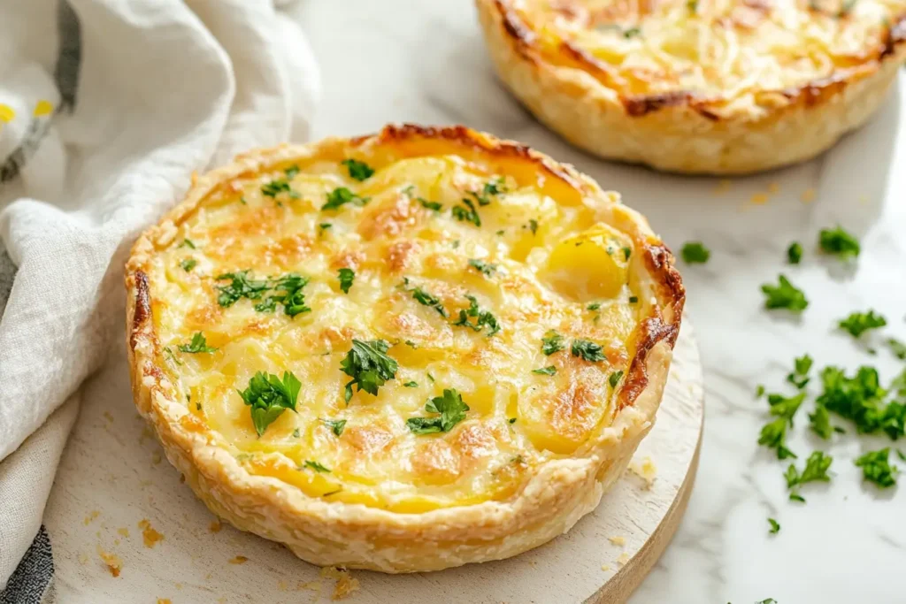 Delicious quiche potato recipe with golden crust, creamy potatoes, and fresh parsley garnish.