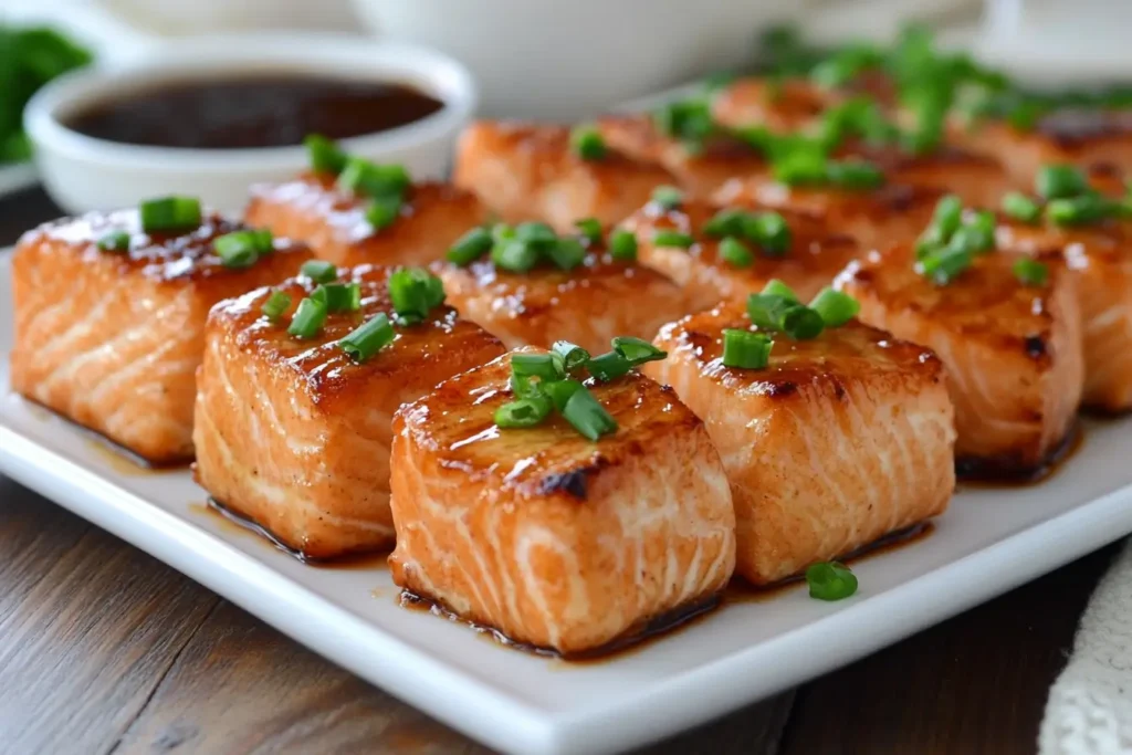 Glazed salmon bites with green onions on top, served with a savory sauce on the side.