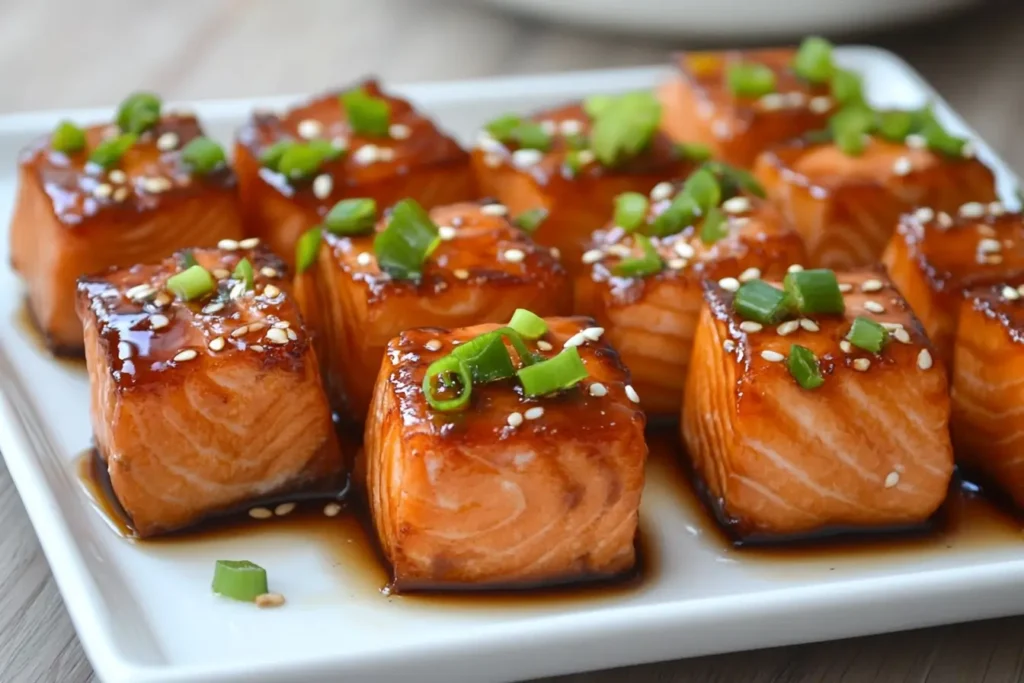 Delicious salmon bites recipe served on a decorative platter