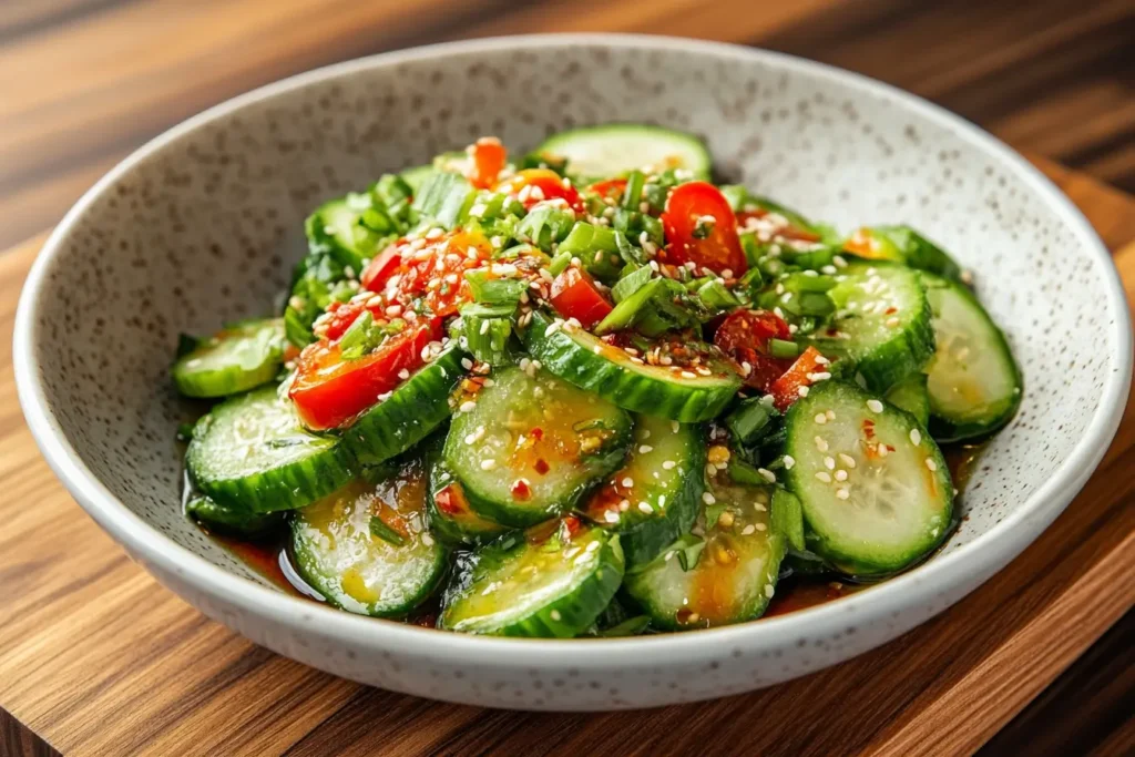 A bowl of spicy cucumber salad with sliced cucumbers, red chili peppers, green onions, sesame seeds, and a flavorful dressing.
