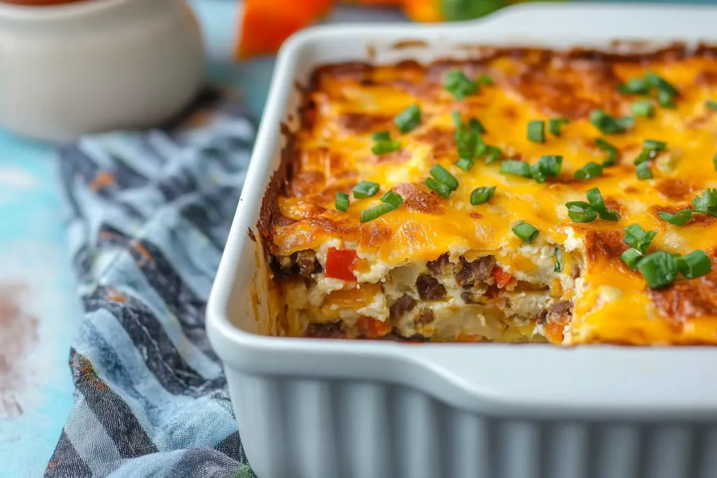 Tortilla breakfast casserole with sausage, cheese, and green onions on top.