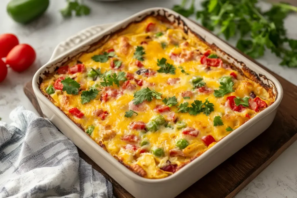 Tortilla breakfast casserole with tomatoes, green peppers, cheese, and cilantro.
