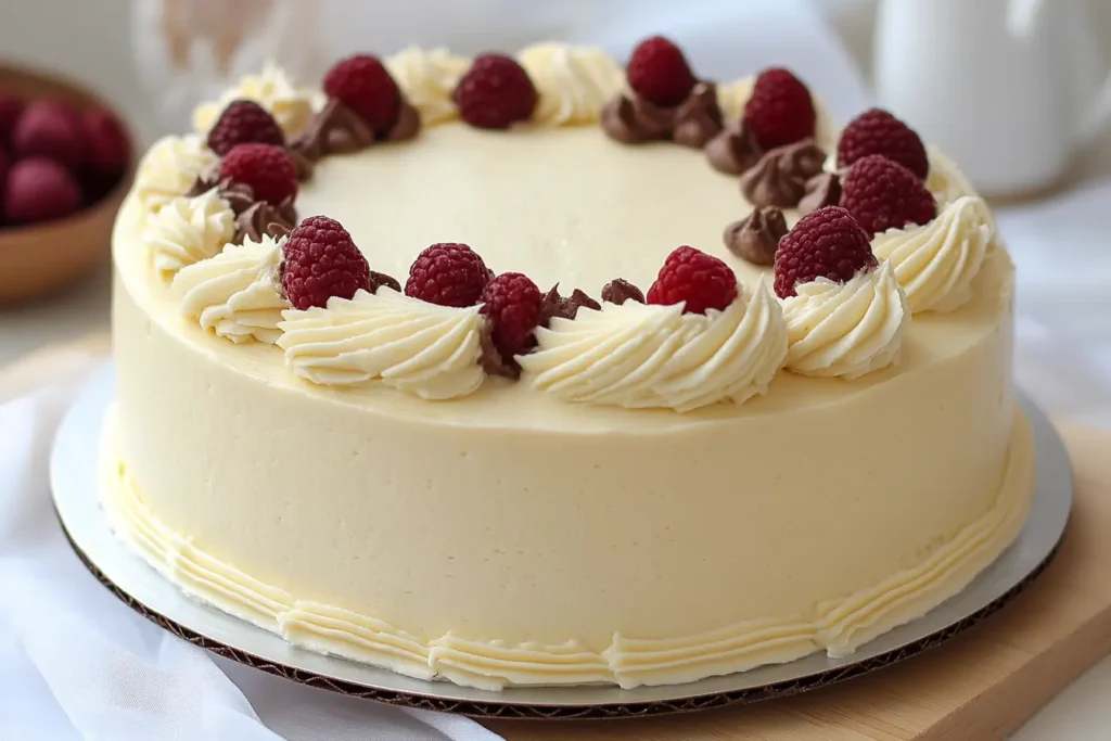 White chocolate cake decorated with fresh raspberries and swirls of buttercream frosting.