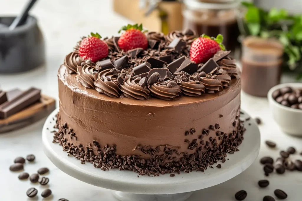 Chocolate cake topped with chocolate shavings, frosting swirls, and fresh strawberries, with a side of coffee and coffee beans.