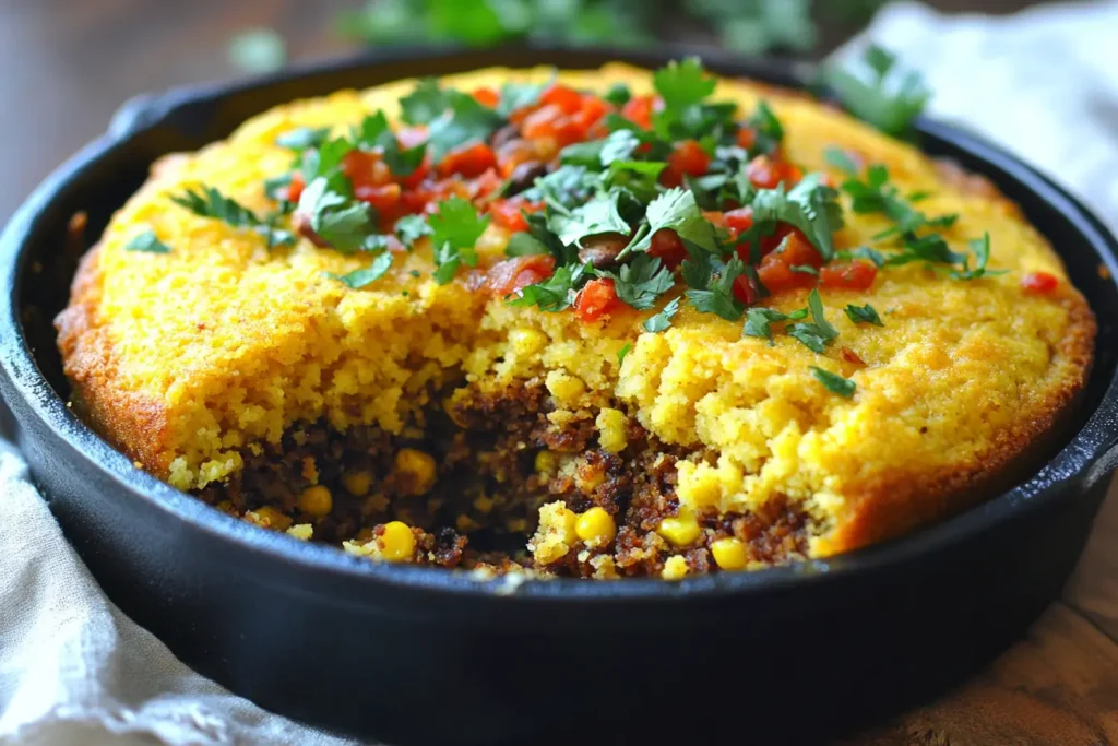Cowboy cornbread casserole with ground beef, corn, and a golden cornbread topping, garnished with fresh cilantro and tomatoes.