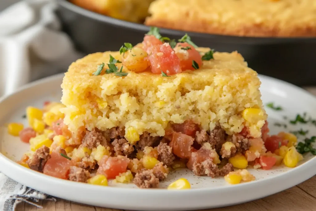 Delicious cowboy cornbread casserole recipe served in a dish