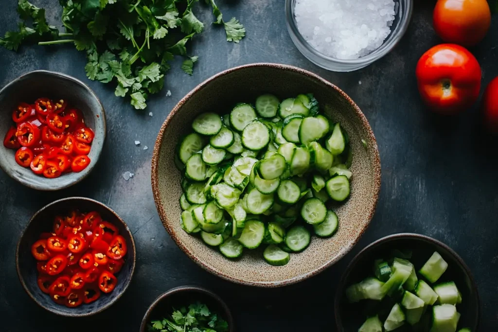 A bowl of sliced cucumbers surrounded by ingredients for a spicy cucumber salad recipe, including red chili peppers, cilantro, coarse salt, and fresh tomatoes.