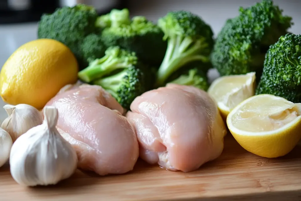 Fresh ingredients for Chicken Broccoli Alfredo including chicken breasts, broccoli, garlic, and lemon slices on a wooden cutting board.