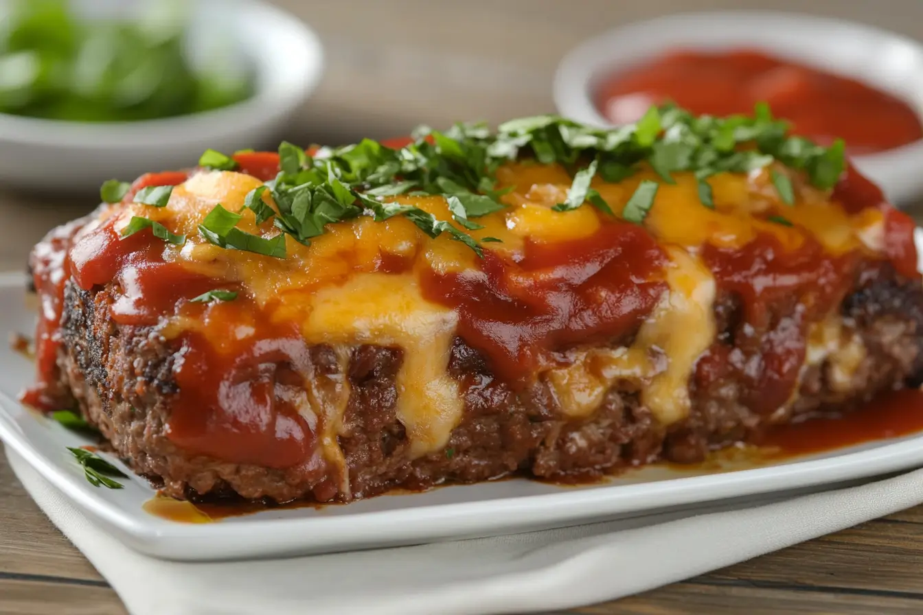 Meatloaf topped with ketchup, melted cheese, and fresh parsley.