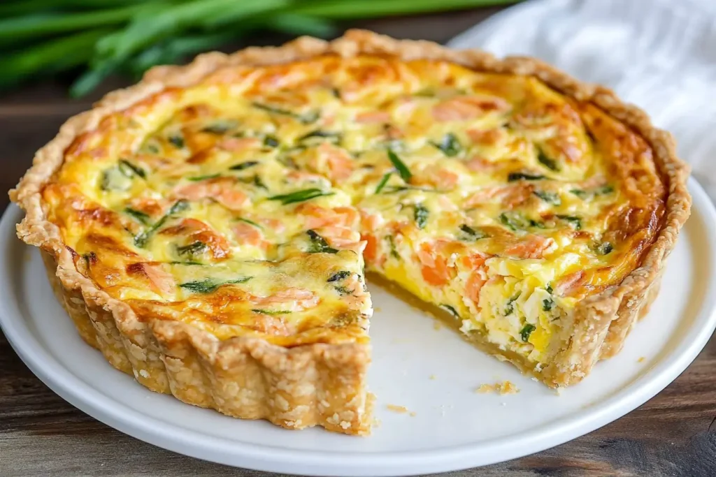 Salmon quiche recipe with flaky crust, spinach, and a creamy filling, with a slice removed to show the filling.