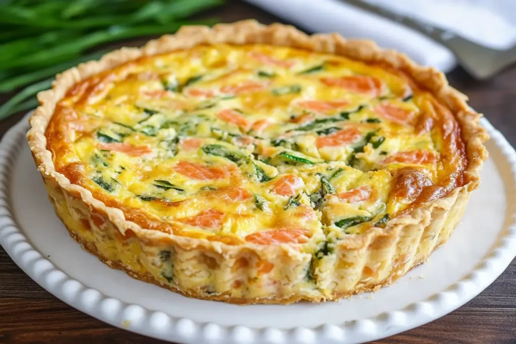 Salmon quiche recipe with a flaky crust, filled with salmon, spinach, and a creamy egg mixture.